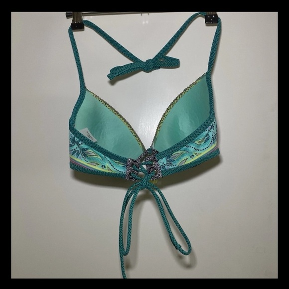 Boho Shade & Shore 36C Bikini Top Tie Back Beaded Tassel Paisley Turquoise - Picture 6 of 9